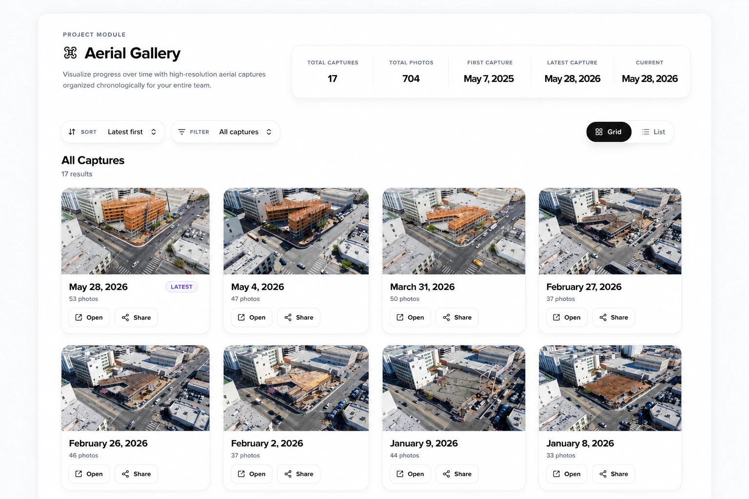 ArchLenz360 aerial gallery showing project progress captures