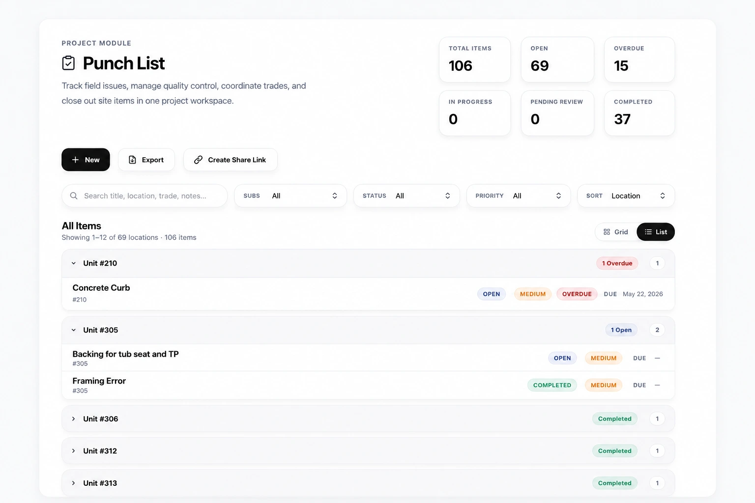 ArchLenz360 punch list workspace with field items